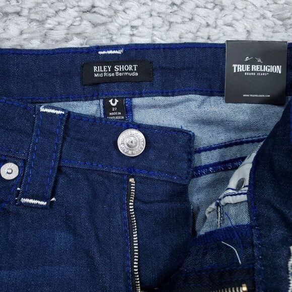 True Religion Riley Big T Raw Hem Mid Rise Bermuda Jean Shorts Dark Wash Size 27 - Picture 9 of 11